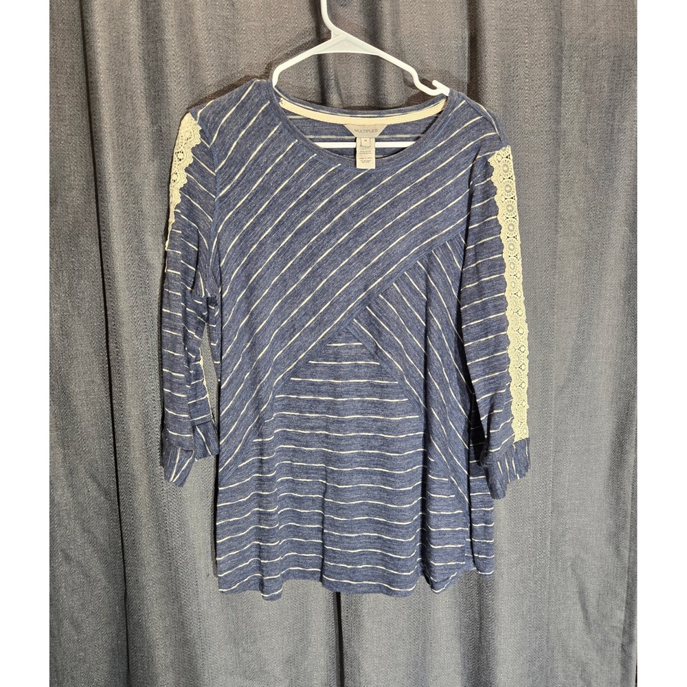 Multiples Striped Tunic Top Crochet Sleeve Detail‎ Blue White Size M